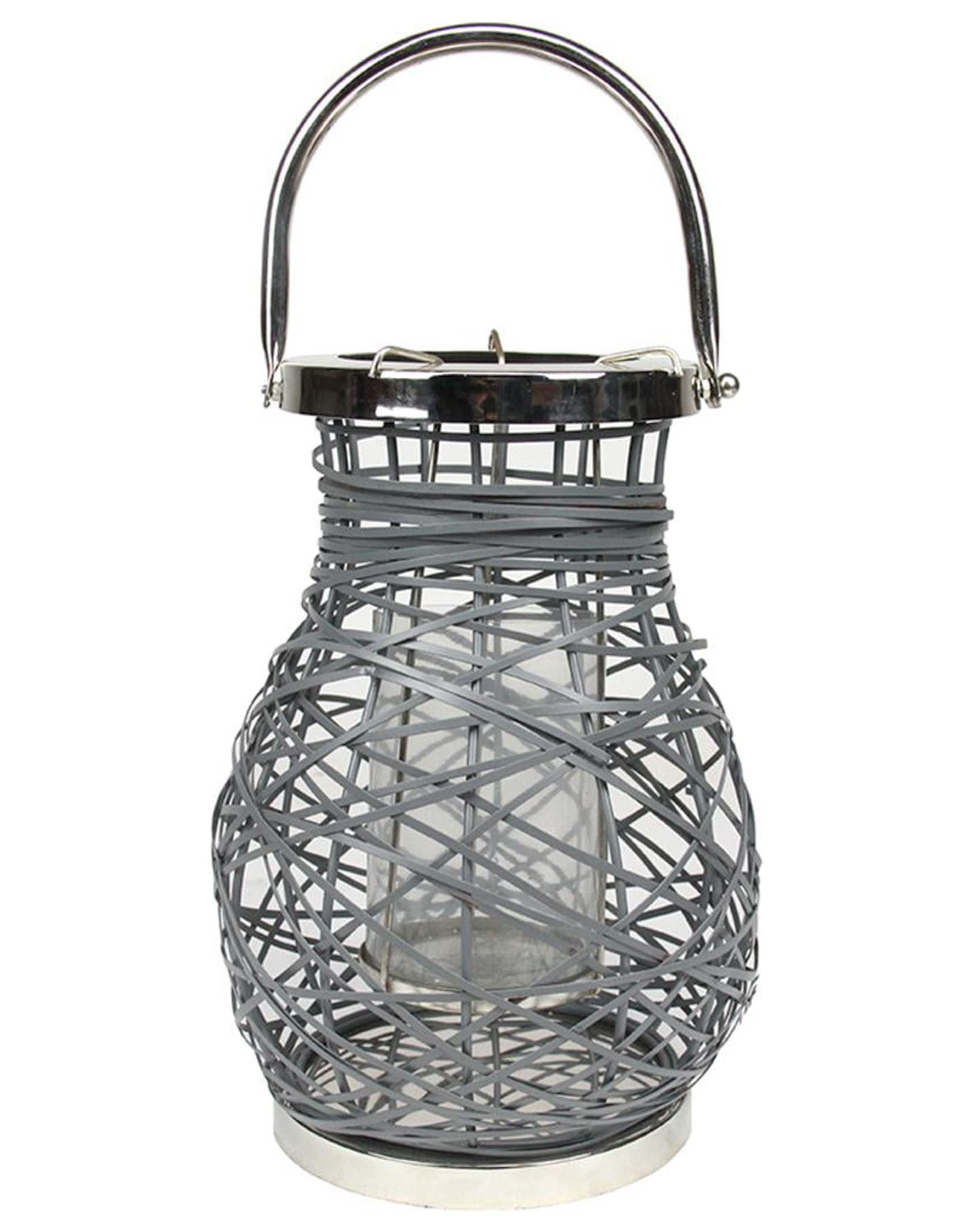 13.5" Modern Gray Decorative Woven Iron Pillar Candle Lantern with Glass Hurricane