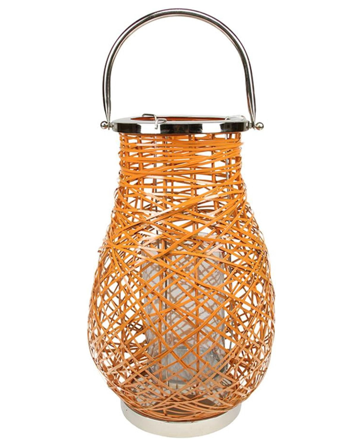 13.5" Modern Orange Decorative Woven Iron Pillar Candle Lantern with Glass Hurricane