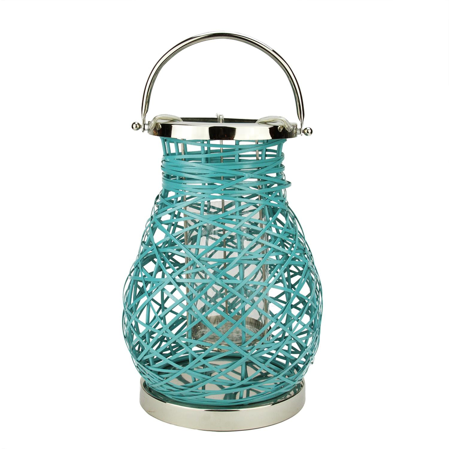 13.5" Modern Turquoise Blue Decorative Woven Iron Pillar Candle Lantern with Glass Hurricane