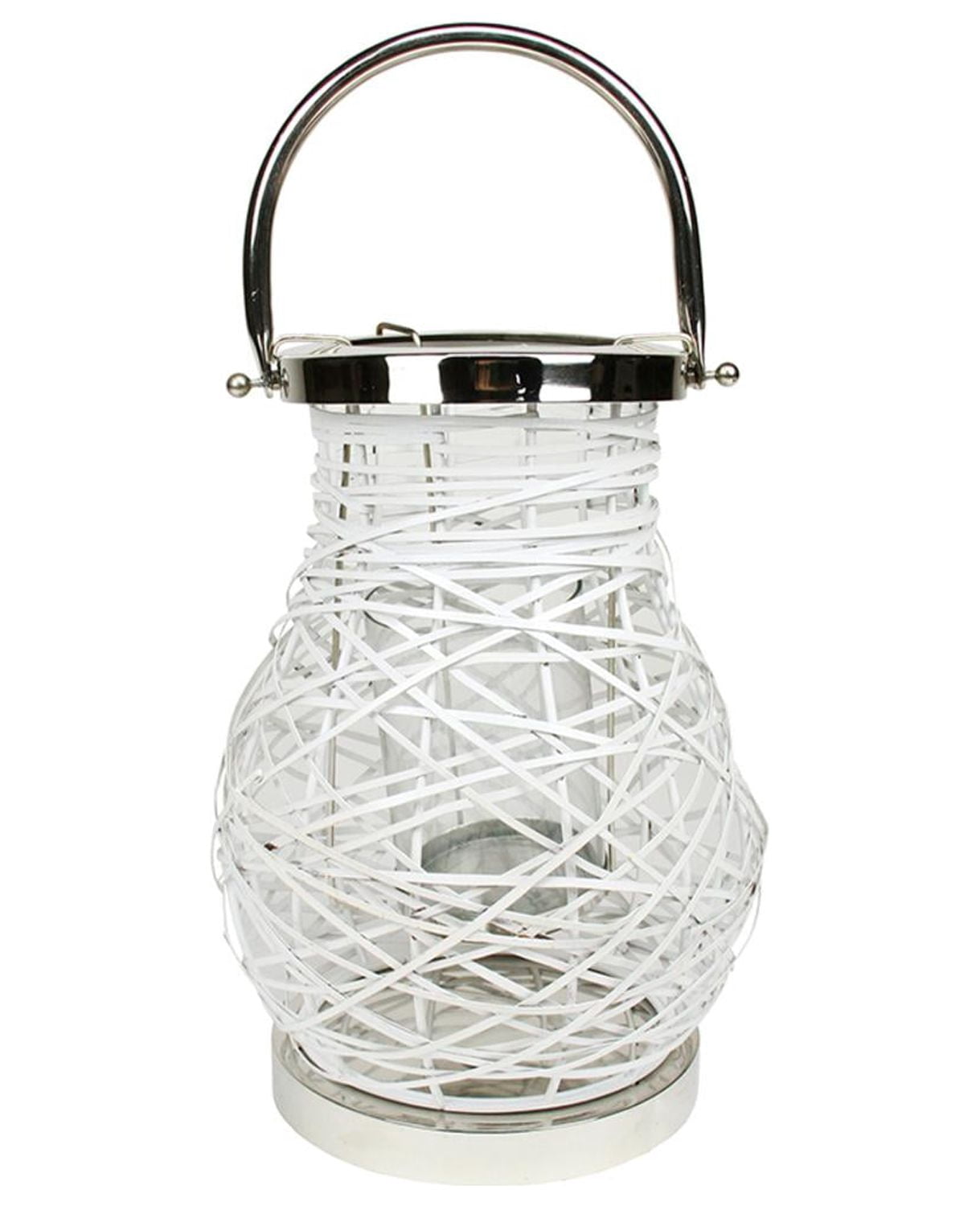 13.5" Modern White Decorative Woven Iron Pillar Candle Lantern with Glass Hurricane