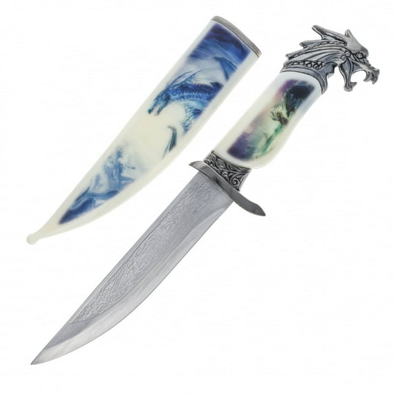 13.5" Mythical Dragon Collector Etched Blade Hunting Knife with Scabbard