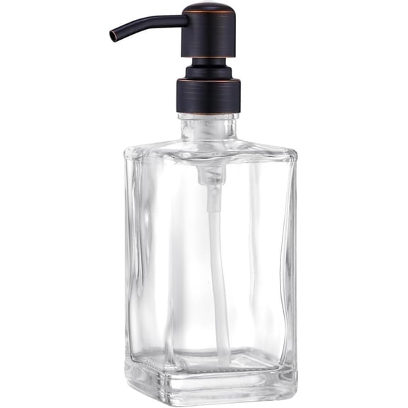 13.5 Oz Clear Glass Soap Dispenser with Rust Proof Stainless Steel Pump, Antique Design Refillable Square Lotion Dispenser for Bathroom, Kitchen Hand Soap (Oil Rubbed Bronze)