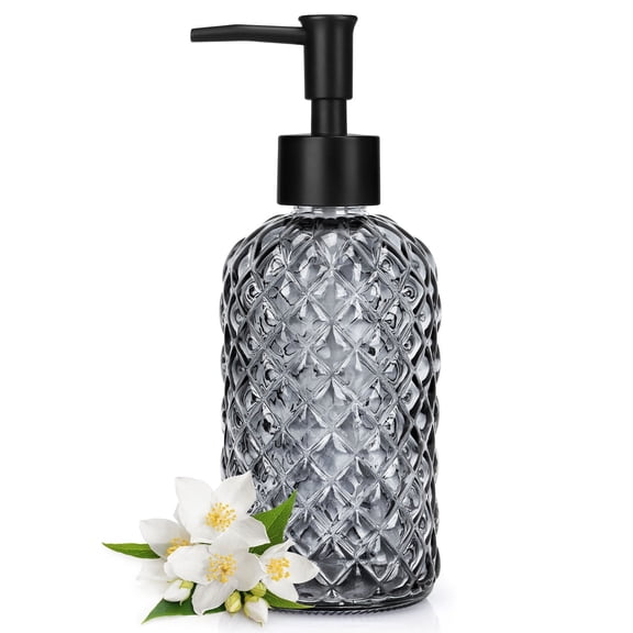 13.5 Oz Glass Soap Dispenser , Manual Pump Dispenser,Empty Liquid Container, Refillable Hand Soap Dispenser , Premium Bathroom soap Dispenser for Kitchen & Bathroom , Gray