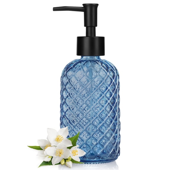 13.5 Oz Glass Soap Dispenser , Manual Pump Dispenser,Empty Liquid Container, Refillable Hand Soap Dispenser , Premium Bathroom soap Dispenser for Kitchen & Bathroom , Lake Blue
