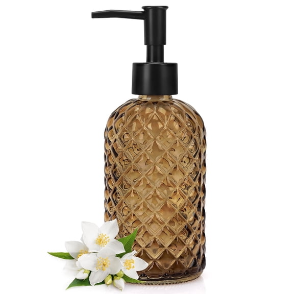 13.5 Oz Glass Soap Dispenser , Manual Pump Dispenser,Empty Liquid Container, Refillable Hand Soap Dispenser , Premium Bathroom soap Dispenser for Kitchen & Bathroom , Brown