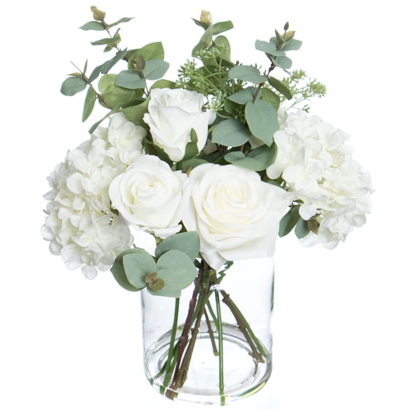 13.5" Premade White Hydrangea - Rose & Eucalyptus in Glass Vase by Ashland - Spring Floral for Crafting and Home Decor