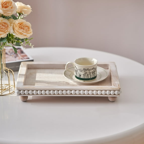 Coffee Table Serving Tray, 13.5” x 9.7” Square Wooden Decorative Tray – White Distressed Farmhouse Decor for Living Room & Kitchen