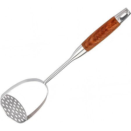 13.5" Stainless Steel Potato Masher with Wooden Handle - Heavy Duty Metal Masher for Mashed Potatoes, Avocado, Beans & Sweet Potato - Commercial & Home Kitchen Utensil (Dishwasher Safe)