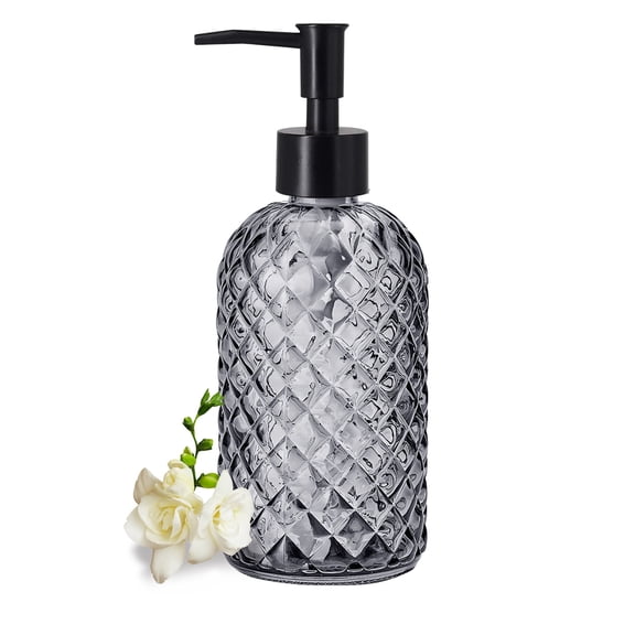 13.5 oz Diamond Pattern Glass Soap Dispenser, Refillable Empty Dispenser Bottle, Kitchen Hand Soap Dispenser, Bathroom Soap Dispenser, Bathroom Accessory, Gray