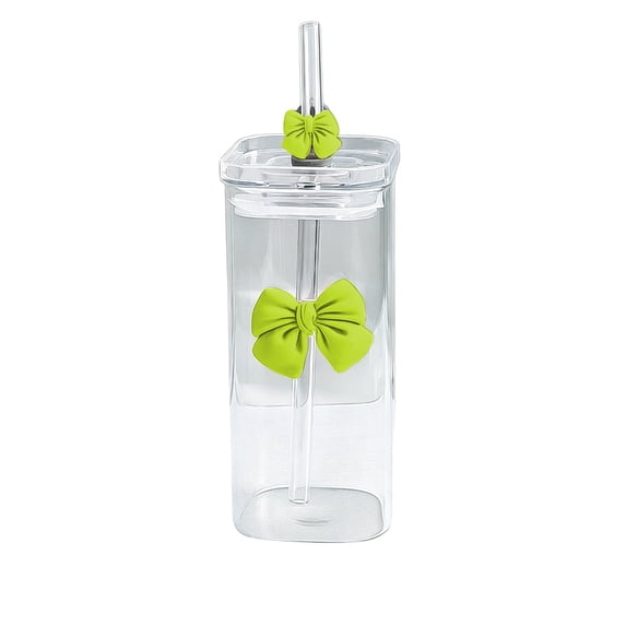 13.53 oz Glass Tumbler,Square Glass Cup with Straw and Lid,Bow Decor Reusable Glass Drinkware for Office Desk Home Summer Outing