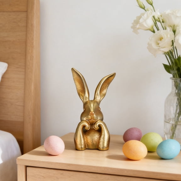 13.58 Inch Gold Resin Bunny Table Decor Easter Thinking Bunny Figurine for Home Table Centerpieces Golden Cute Rabbit Statue for Spring Living Room Shelf Mantel Decorations