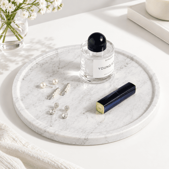 13.58in Round Carrara Marble Serving Tray for Bathroom, Kitchen, and Counter Decor