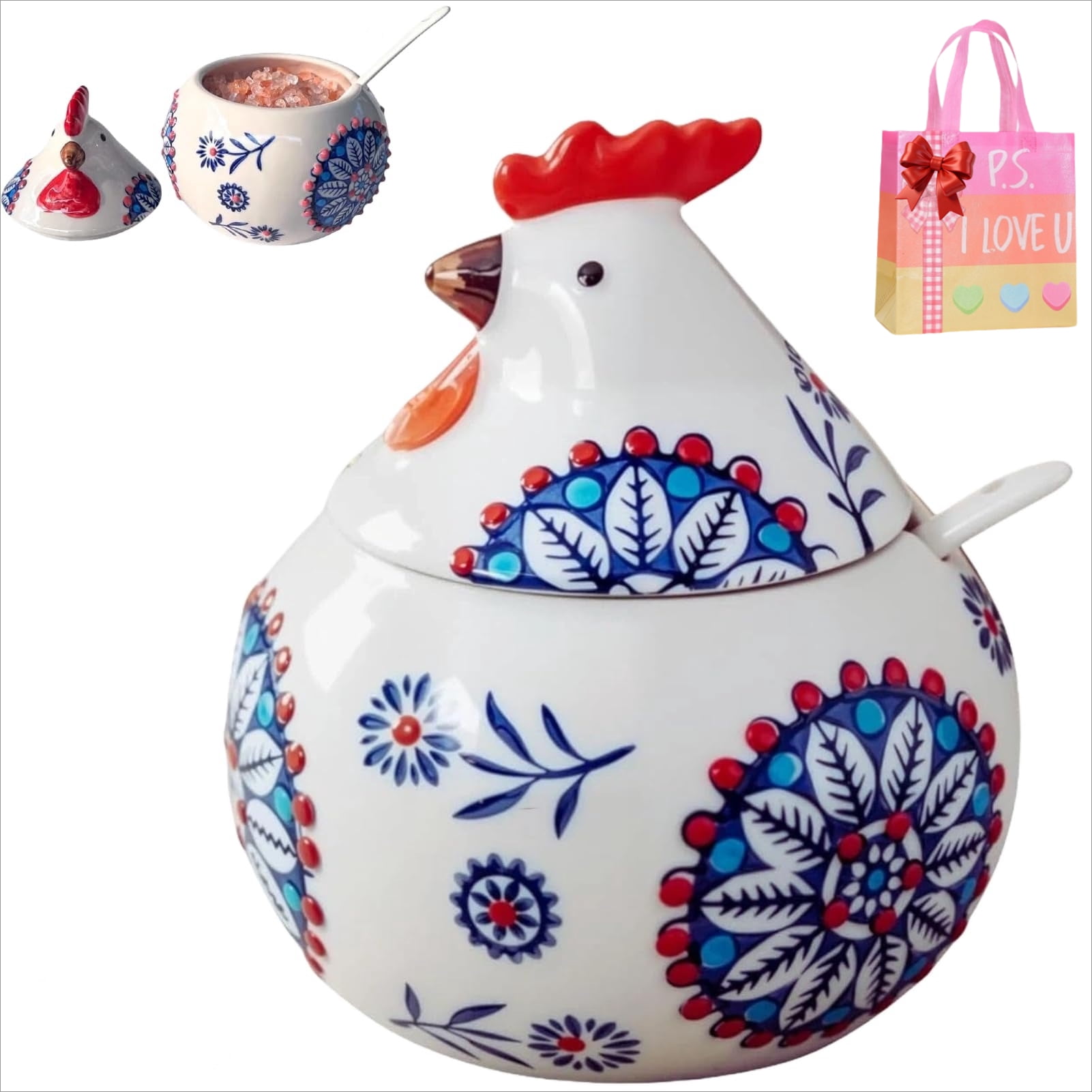 Rectangular Ceramic Salt Containers 13.5OZ Large Chicken Salt Container, Ceramic Salt Cellar with Lid and ...