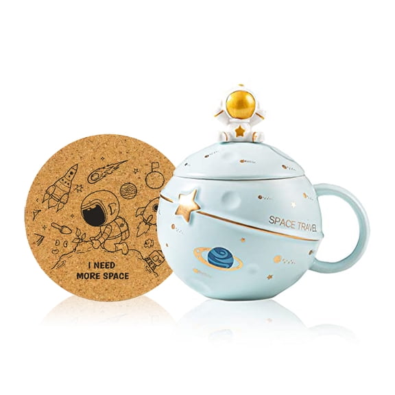 13.5Oz Ceramic Coffee Mug Astronaut Space Embossed Planet Novelty Mug with Lid and Spoon(Blue)