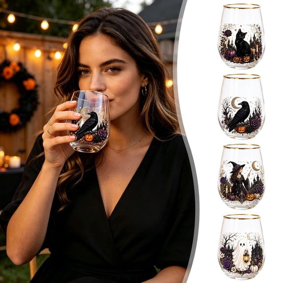 13.5oz Halloween Witch Stemless Glass with Gold Rim, Gothic Purple Pumpkin Castle Print, Fall Decorative Drinking Cup for Witch Lovers Spooky Party