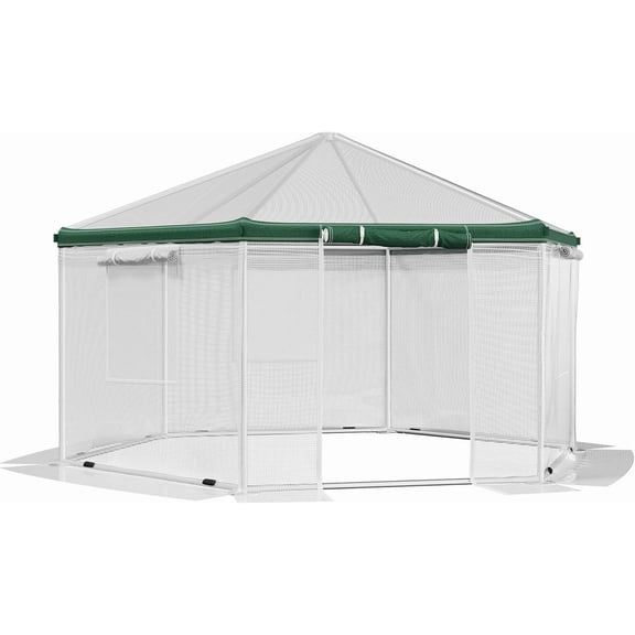 13.5x13.5x9 ft Hexagonal Walk-in Greenhouse for Outdoors, White/Green