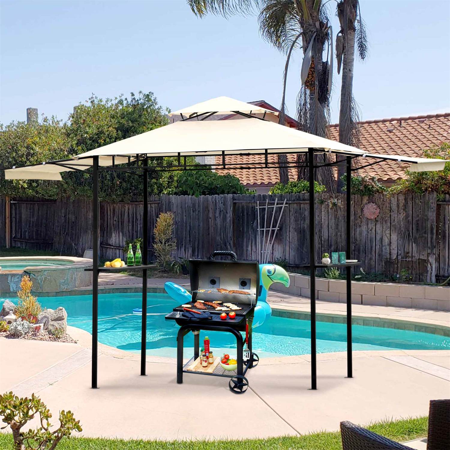 13.5x4.5 Ft Grill Gazebo Double Tier BBQ Gazebo with Dual Side Extendable Shades Outdoor Barbecue Grill Gazebo Shelter with 2 Side Shelves and Heavy-Duty Steel Frame for Patio, Garden, Beach, Beige - image 1 of 7