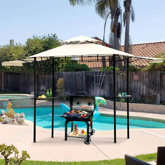 13.5x4.5 Ft Grill Gazebo Double Tier BBQ Gazebo with Dual Side Extendable Shades Outdoor Barbecue Grill Gazebo Shelter with 2 Side Shelves and Heavy-Duty Steel Frame for Patio, Garden, Beach, Beige