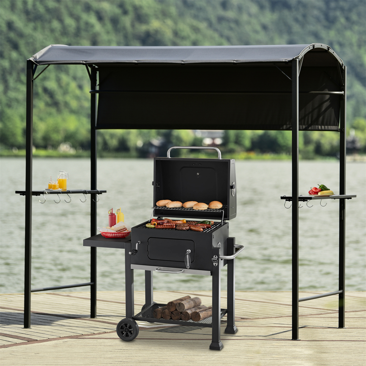 13.5x4.5 Ft Grill Gazebo Double Tier BBQ Gazebo with Dual Side Extendable Shades Outdoor Barbecue Grill Gazebo Shelter with 2 Side Shelves and Heavy-Duty Steel Frame for Patio, Garden, Beach, Gray - image 1 of 7