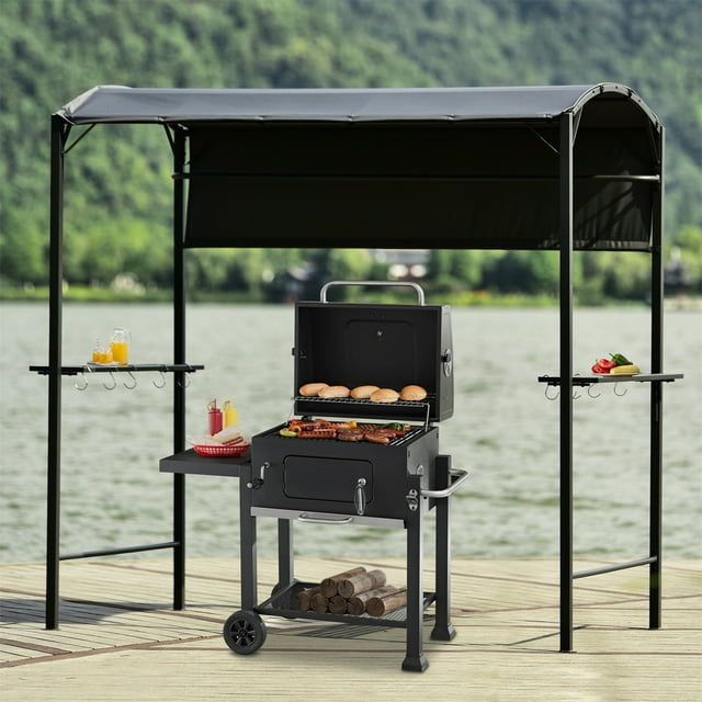 13.5x4.5 Ft Grill Gazebo Double Tier BBQ Gazebo with Dual Side Extendable Shades Outdoor Barbecue Grill Gazebo Shelter with 2 Side Shelves and Heavy-Duty Steel Frame for Patio, Garden, Beach, Gray