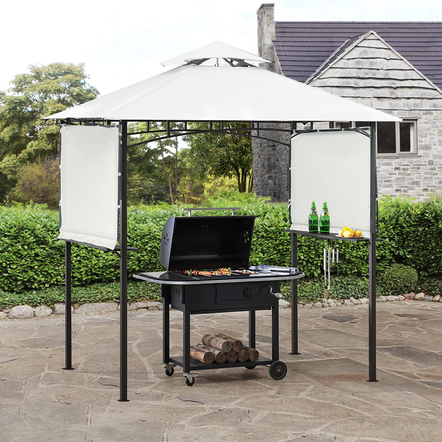13.5x4.5 Ft Grill Gazebo Double Tier BBQ Gazebo with Dual Side Extendable Shades Outdoor Barbecue Grill Gazebo Shelter with 2 Side Shelves and Heavy-Duty Steel Frame for Patio, Garden, Beach, White - image 1 of 7