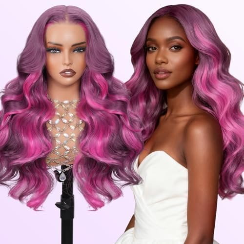 13 * 6 Burgundy Synthetic Hair Wig Lace Front Glueless  Wave Ombre Burgundy Red Pre Plucked  Transparent Lace Breathable Ready to Wear with  Hair for Women