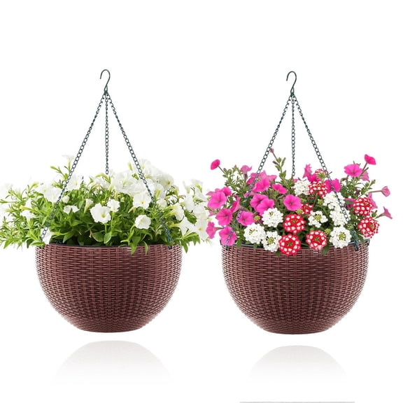 13.6" Self Watering Hanging Planter, Set of 2 Round Resin Hanging Basket for Indoor Outdoor Plants, Rattan Look Flower Pot for Porches Patio, Coffee