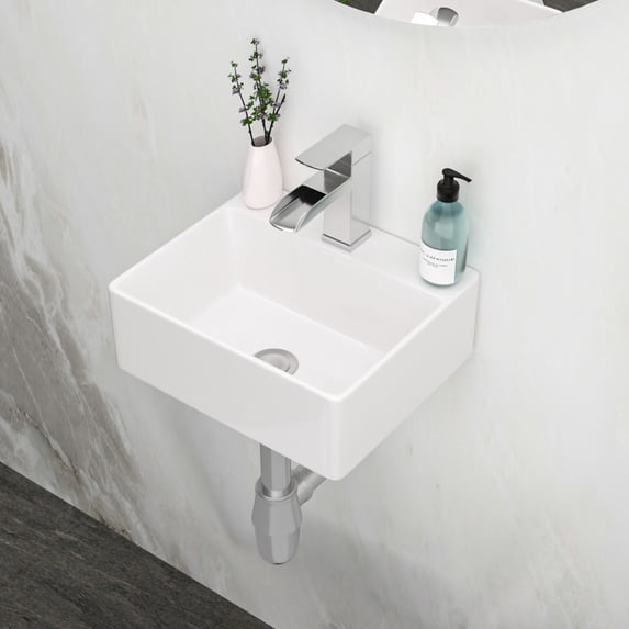 13.6x11.6 Inch White Ceramic Rectangular Wall Mount Floating Bathroom Sink with Single Faucet Hole and Overflow , Modern Ceramic Countertop Sink for Small Bathroom, Laundry Room, White