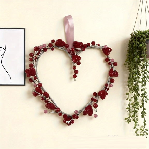 13.7" Artificial Valentine's Day Wreath, Heart Shaped Wreath, Red Berry Rustic Heart Wreath for Front Door, Valentines Door Wreath for Outdoor Indoor Home Wedding Anniversary