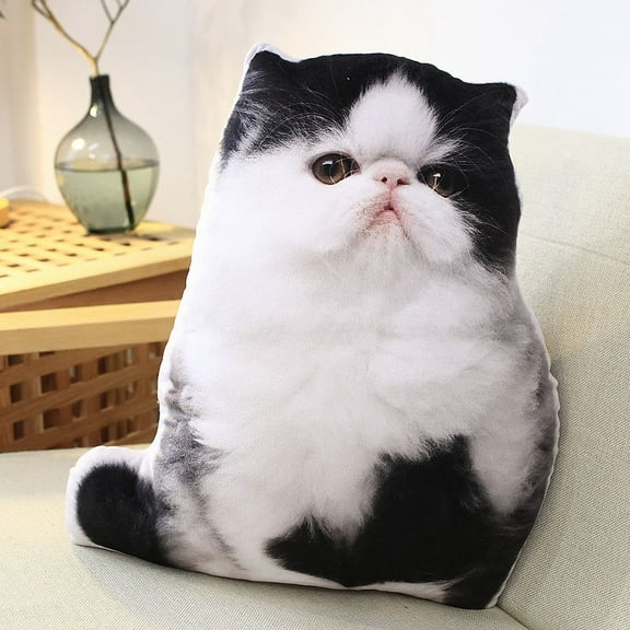 13.7'' Cat Shape Throw Pillow Plushie Doll - 3D Simulation Plush Stuffed Animal Toy, Sofa Chair Home Decor (Black/White,35*35cm)