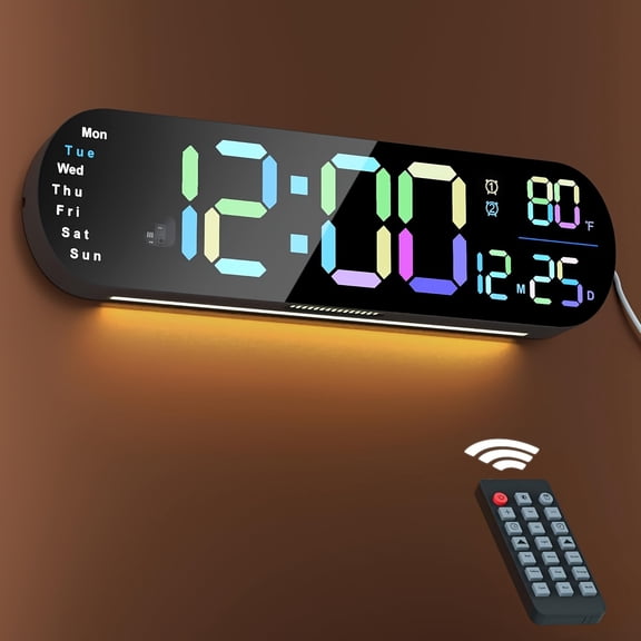 13.7" Digital Wall Clock with Remote, Auto Brightness, RGB Ambient Lights, Dual Alarm Timer, Temperature Display, 12/24H Mode, Ideal Gift & Home Decor