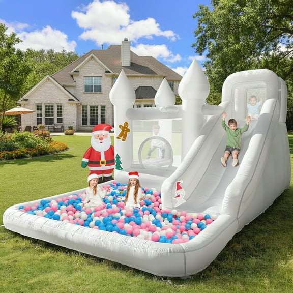 13.7 FT White Bounce House with Blower Jumping Castle with Slide & Ball Pit for Kids (Oxford Material)