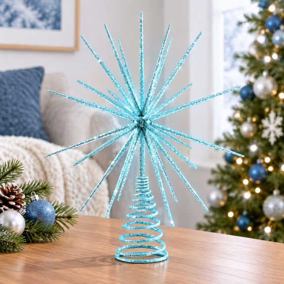 13.7 Inch Blue Glitter 3D Burst Exploding Star Christmas Tree Topper Holiday Decoration
