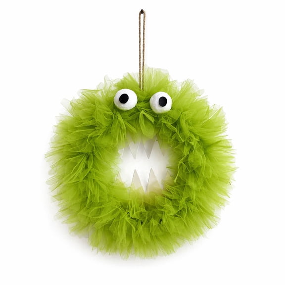 13.7 Inch Halloween Monster Wreath for Front Door, Green Tulle Monster Face Wreath with Googly Eyes & Sharp Teeth, Spooky Cute Hanging Wreath Decor for Wall Porch Window Halloween Party