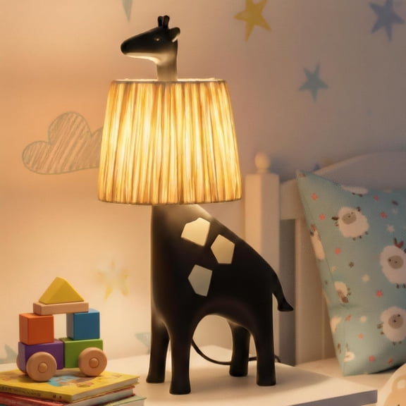 13.7 Inch LED Giraffe Table Lamp, Resin Animal Desk Lamp with Handcrafted Raffia Shade, Unique Decorative Light, Cute Desk Lamps for Nightstand, Bedroom, Playroom, Nursery