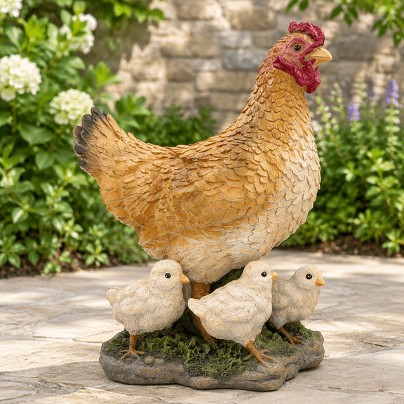13.7-Inch Mother Hen and Chick Garden Statue, Chicken Sculpture Decor