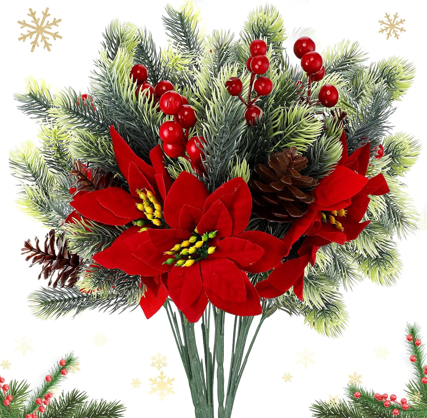 13.7 Inch Red Poinsettia Artificial Christmas Flowers Bouquet with Pine Cone Red Berry Pine Needle Artificial Plants Christmas Decor for Craft Xmas Tree Garland Home Indoor Outdoor 8 pack