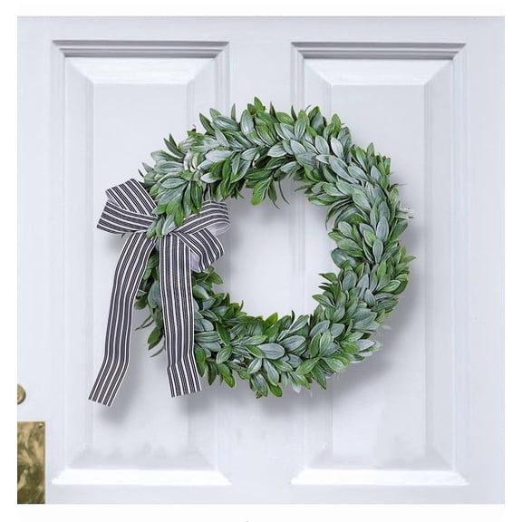 13.7 Inch Summer Spring Ivory Flowers Wreath for Front Door, Everyday Lamb Ears Leaves Wreath with White Artificial Flower for Indoor and Outdoor, Rustic and Farmhouse Greenery Flower