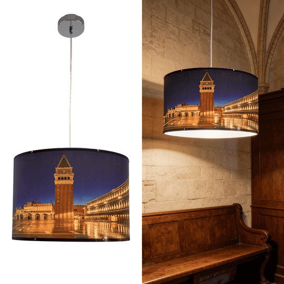13.7 Inch Venice Historic Architecture Drum Pendant Light, E26 Adjustable Hanging Lamp, Custom Photo Print Shade for Kitchen Island Dining Restaurant Bedroom Hallway Home Decor