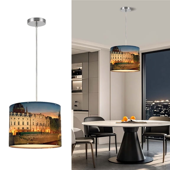 13.7 Inch Vintage Paris Historic Building Cityscape Drum Pendant Light, E26 Adjustable Hanging Lamp for Kitchen Island Dining Bedroom Office Home Decor