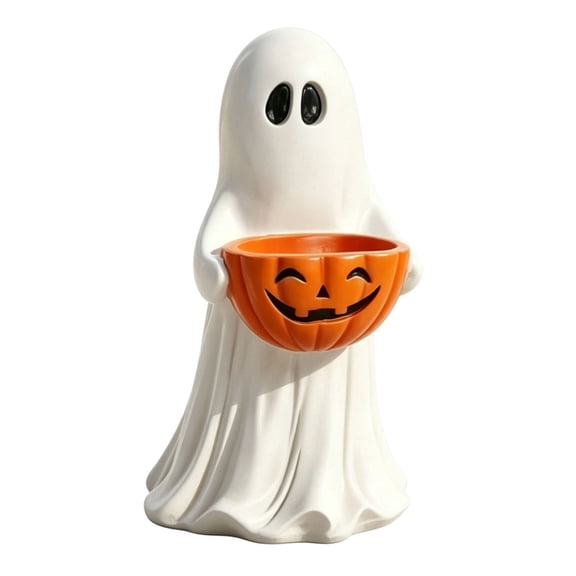 13.7 Inches Ghost Candy Bowl, Outdoor Safe Ghost Figurine with Pumpkin Candy Bowl, Halloween Ghost Statue for Front Porch Yard, Ghost Decorations