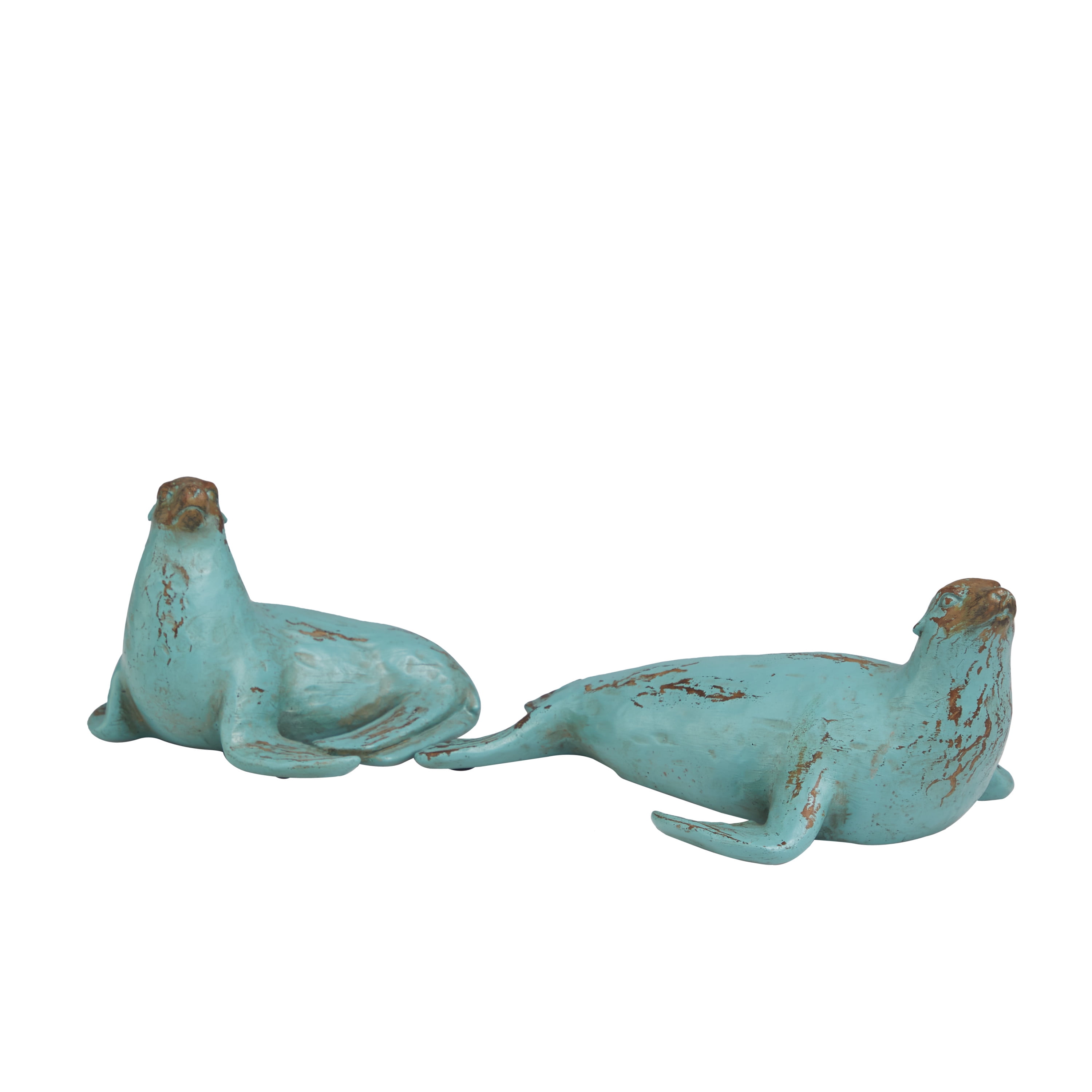 13", 7"W Teal Polystone Distressed Sea Lion Sculpture with Brown Wood Inspired Accents, by DecMode (2 Count)