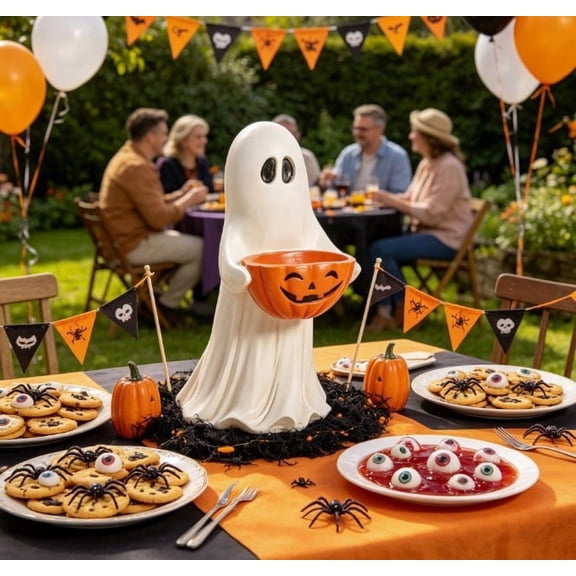 11.8 inch Outdoor Safe Ghost Figurine with Pumpkin Candy Bowl, Halloween Decorative Ghost Statue for Front Porch Yard Indoor Home Halloween Party Decor, White