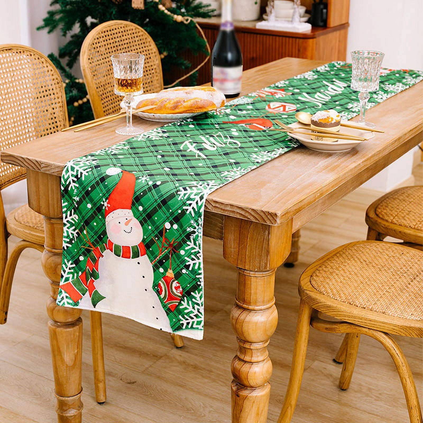 13"×71" Green Christmas Table Runners, Santa and Snowman Print, Non