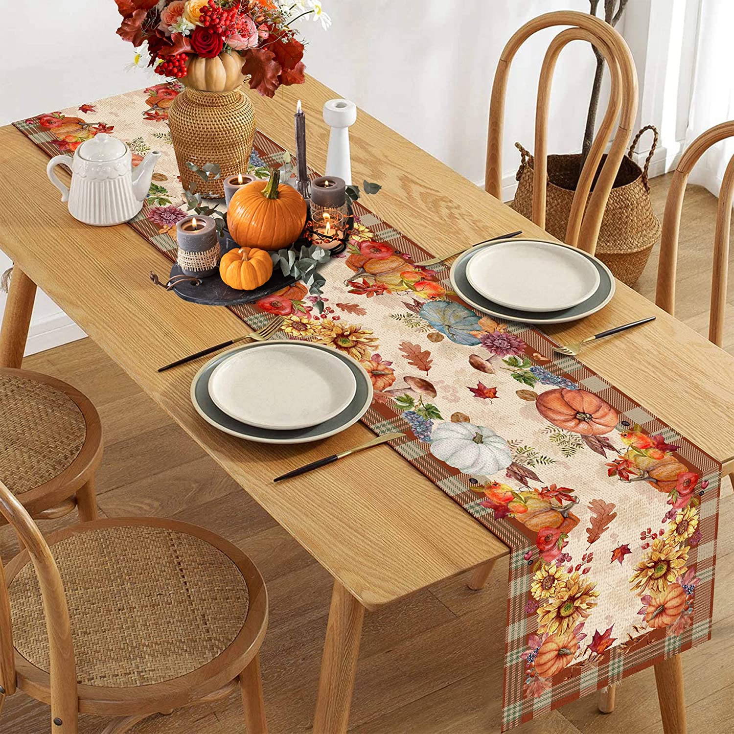13*72inch Fall Table Runner Autumn, Pumpkin Sunflower Leaves Buffalo