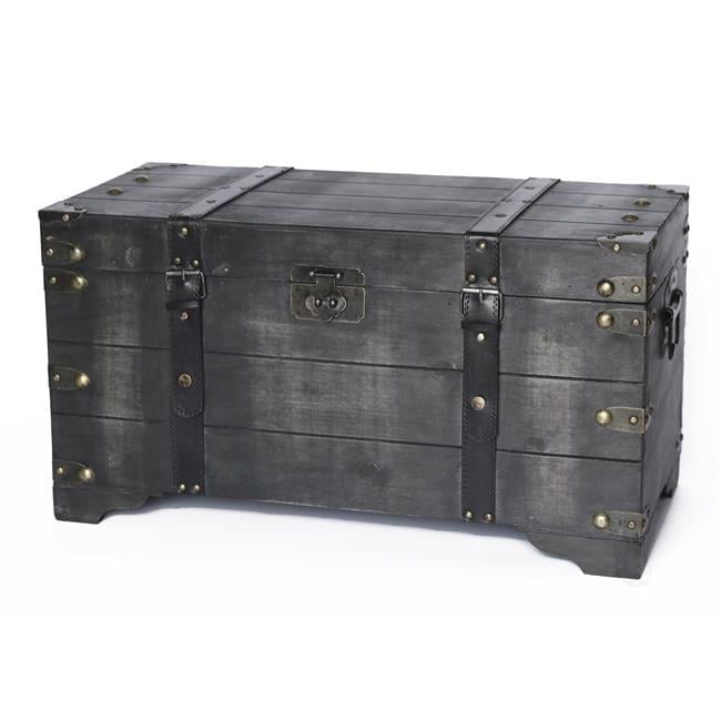Distressed Black Medium Wooden Storage Trunk with Faux Leather Straps