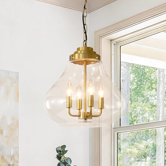 13.77" Gold Glass Pendant Light, Adjustable Industrial Hanging Fixture with Clear Glass Shade for Kitchen Island Dining Room Foyer Entryway