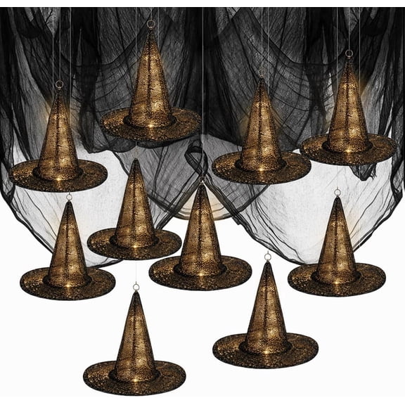 13.77" Halloween Hanging Witch Hats Decoration, Lighted Floating Witch Hat for Indoor & Outdoor Spooky Home Halloween Decor, Garden Party & Carnival Supplies