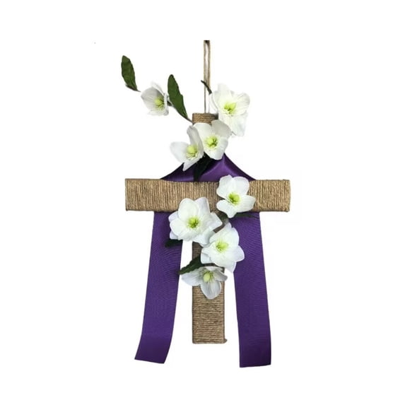 13.77Inch Easter Wooden Cross Wreath for Front Door, Christian Hanging Decorations for Spring Home Farmhouse Porch Wall Indoor Outdoor