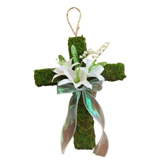 13.77Inch Easter Wooden Cross Wreath for Front Door, Christian Hanging Decorations for Spring Home Farmhouse Porch Wall Indoor Outdoor